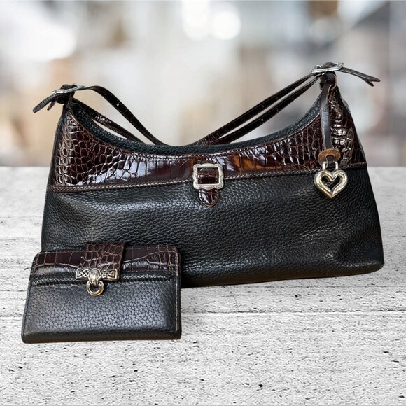 Brighton Designer Black Pebbled Leather & Brown Croc Shoulder Bag Wallet C18510 - Picture 1 of 15